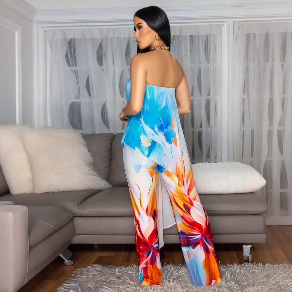 Women Printed Strapless Top and Long Pants Two-Piece Set