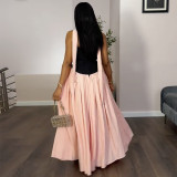 Women Summer Strapless Color Block Pleated Dress