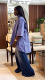 Women summer blue striped long-sleeved shirt Top