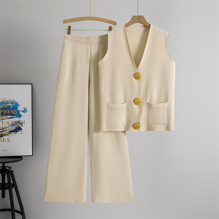 Button V-neck Knitted Vest Casual Pants Fashion Two-piece Suit