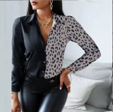 Women Long Sleeve V-neck Colorblock Vintage Shirt Top