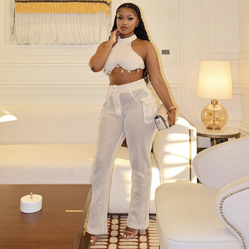 Women Summer Halter Neck Strapless Top Hollow Pocket Trousers Two-piece Set