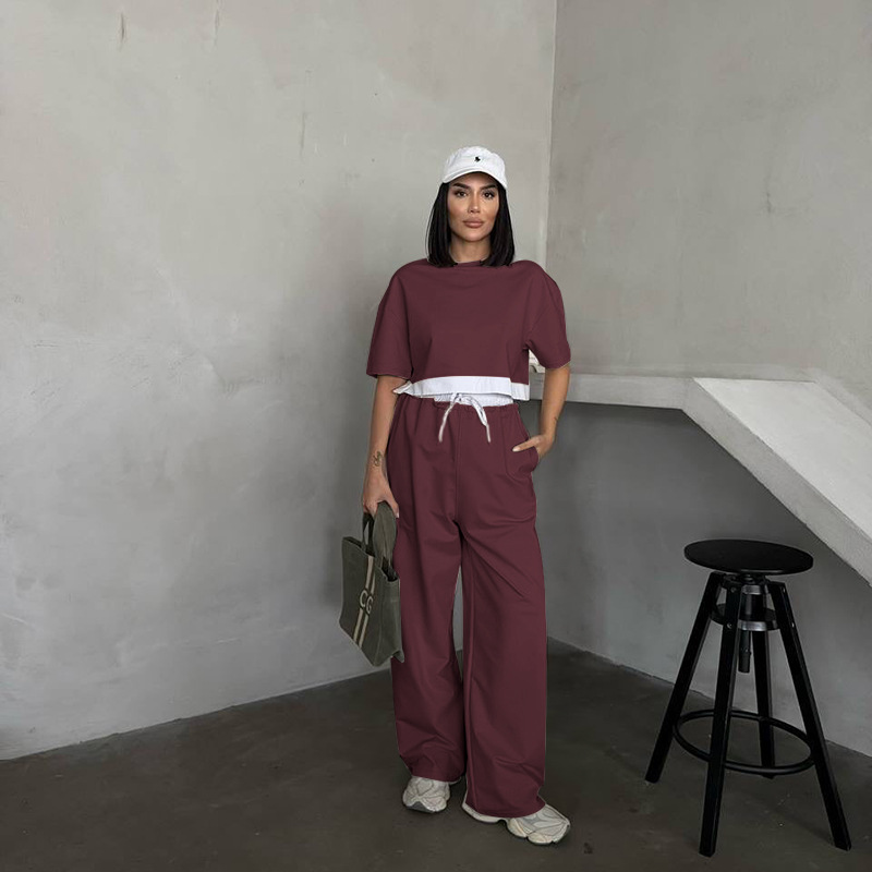 Women Summer Solid Round Neck Short Sleeve Top and Casual Wide Leg Pants Two-Piece Set