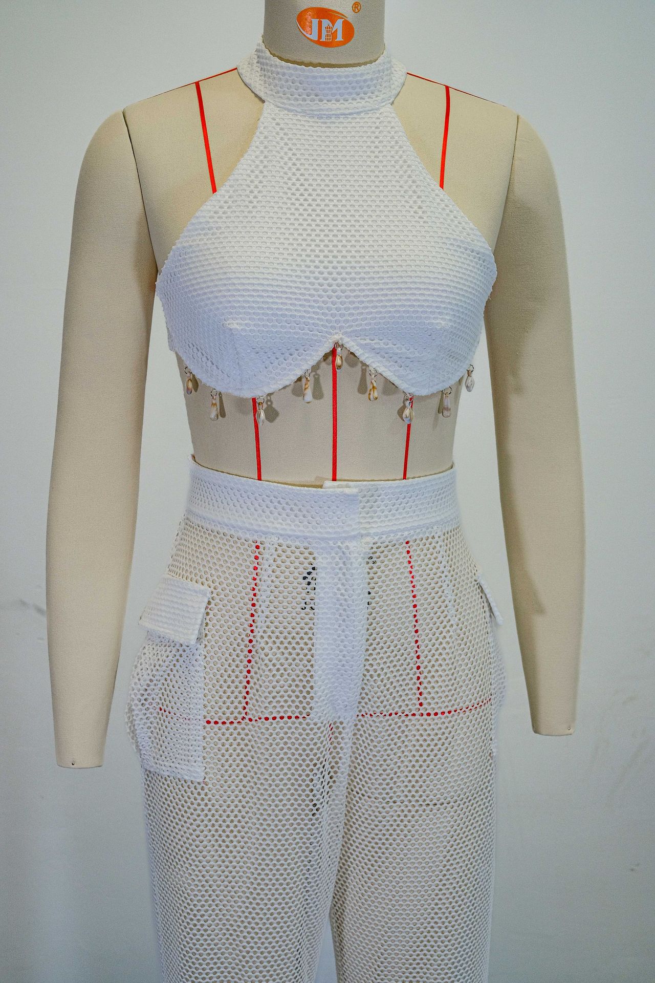 Women Summer Halter Neck Strapless Top Hollow Pocket Trousers Two-piece Set