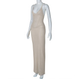 Women Spring and Summer Sexy Backless Hollow Lace Knitting Suspender Bodycon Dress
