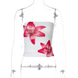 Women Summer American Strapless Off Shoulder Printed Crop Tank Top