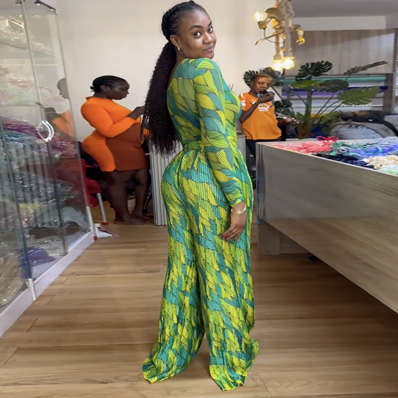 Women Spring Print Slash Shoulder Long Sleeve Top and Wide Leg Pants Pleated Two-piece Set