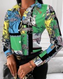 Women Long Sleeve V-neck Colorblock Vintage Shirt Top