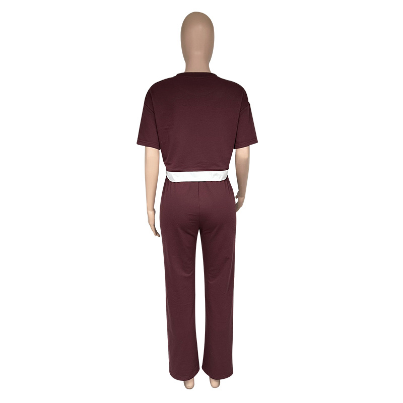 Women Summer Solid Round Neck Short Sleeve Top and Casual Wide Leg Pants Two-Piece Set