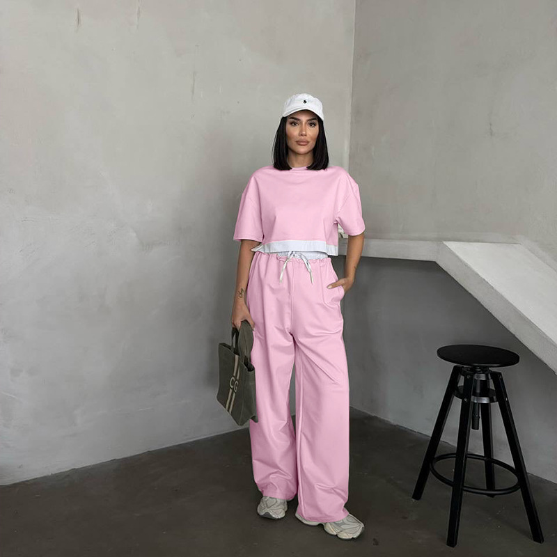 Women Summer Solid Round Neck Short Sleeve Top and Casual Wide Leg Pants Two-Piece Set