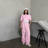 Women Summer Solid Round Neck Short Sleeve Top and Casual Wide Leg Pants Two-Piece Set