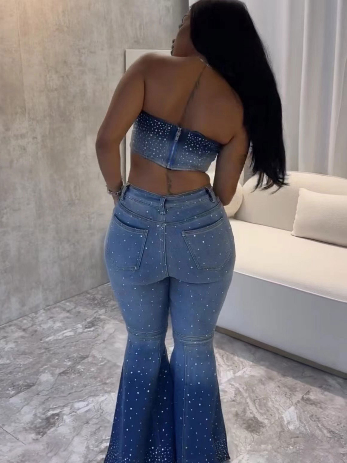 Women Beaded Denim Strapless Crop Backless Top and Bell Bottom trousers two-piece set