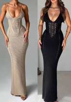 Women Spring and Summer Sexy Backless Hollow Lace Knitting Suspender Bodycon Dress