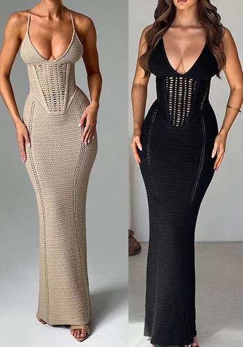 Women Spring and Summer Sexy Backless Hollow Lace Knitting Suspender Bodycon Dress