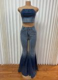 Women Beaded Denim Strapless Crop Backless Top and Bell Bottom trousers two-piece set