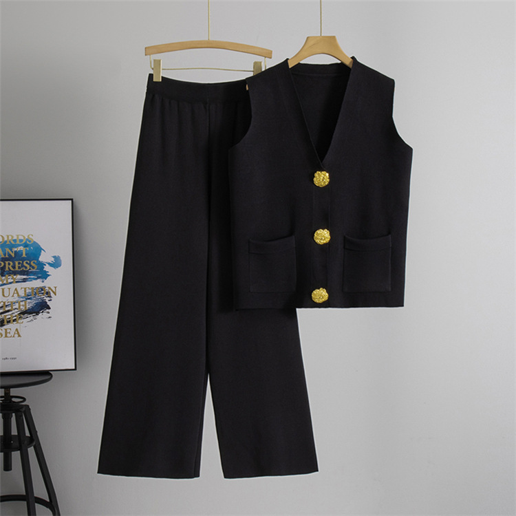 Button V-neck Knitted Vest Casual Pants Fashion Two-piece Suit