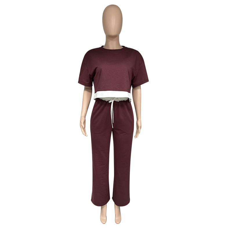Women Summer Solid Round Neck Short Sleeve Top and Casual Wide Leg Pants Two-Piece Set