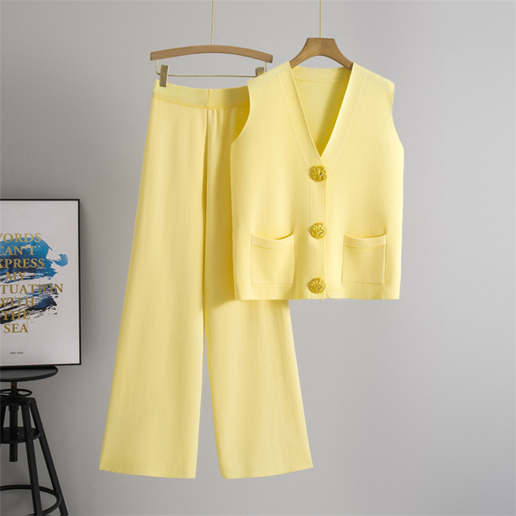 Button V-neck Knitted Vest Casual Pants Fashion Two-piece Suit