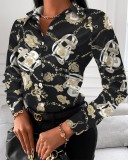 Women Long Sleeve V-neck Colorblock Vintage Shirt Top
