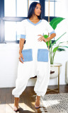 Women Casual Career V-Neck Patchwork Contrast Stretchy Denim Jumpsuit