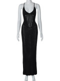 Women Spring and Summer Sexy Backless Hollow Lace Knitting Suspender Bodycon Dress