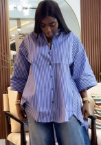 Women summer blue striped long-sleeved shirt Top