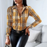 Women Long Sleeve V-neck Colorblock Vintage Shirt Top