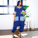 Women Casual Career V-Neck Patchwork Contrast Stretchy Denim Jumpsuit