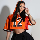 Women Summer Sports Hooded Sexy Printed Short Sleeve Crop Top