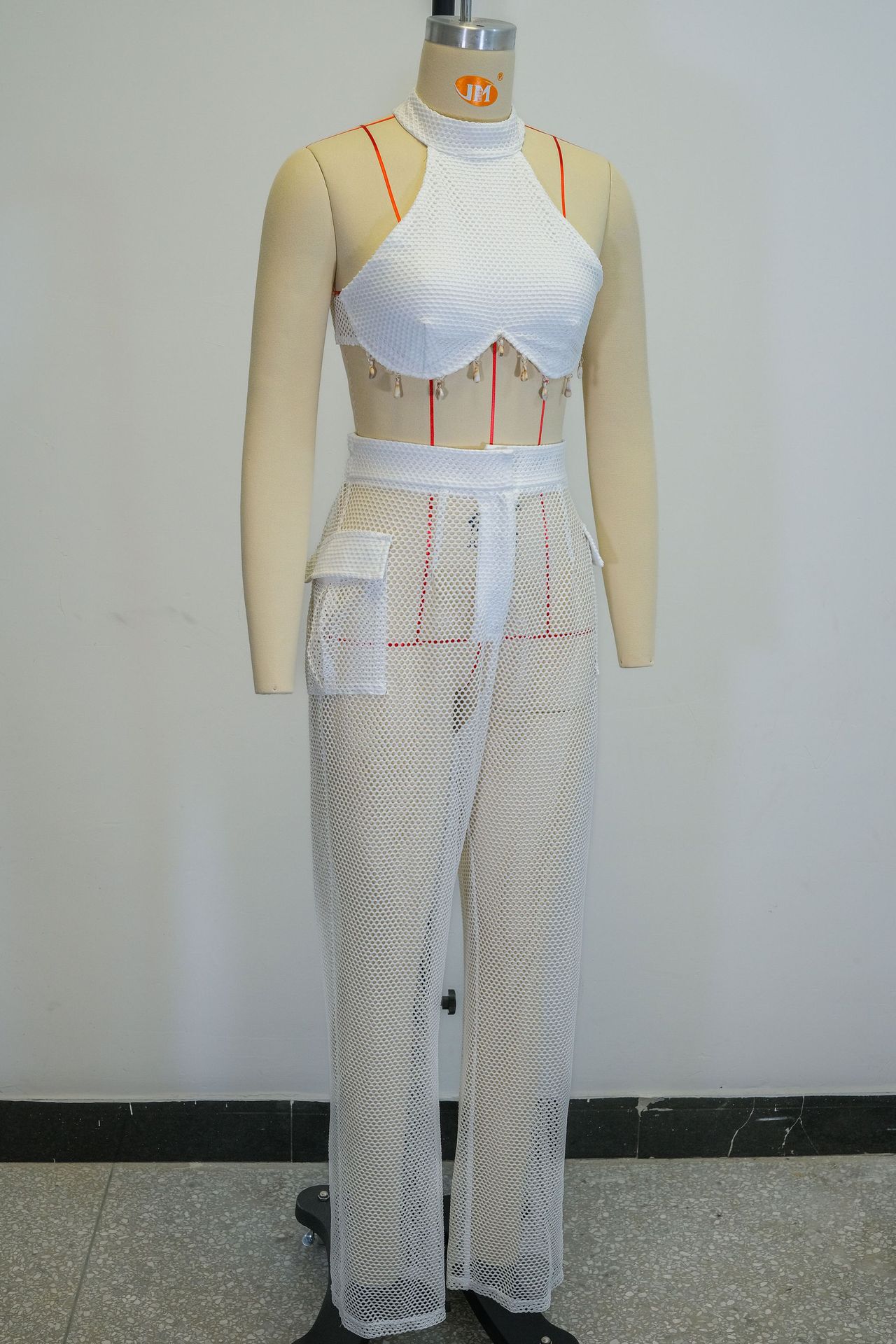 Women Summer Halter Neck Strapless Top Hollow Pocket Trousers Two-piece Set