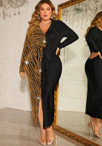 Plus Size Women Long Sleeve Leopard Patchwork Slit Sexy V-Neck Bodycon Dress