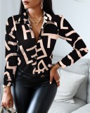 Women Long Sleeve V-neck Colorblock Vintage Shirt Top