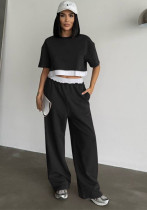 Women Summer Solid Round Neck Short Sleeve Top and Casual Wide Leg Pants Two-Piece Set Women Summer Solid Round Neck Short Sleeve Top and Casual Wide Leg Pants Two-Piece Set