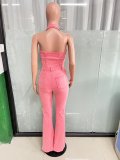 Women Denim Stretch Sexy Backless Turndown Collar Cargo Jumpsuit