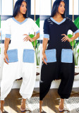 Women Casual Career V-Neck Patchwork Contrast Stretchy Denim Jumpsuit