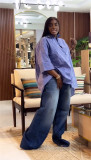 Women summer blue striped long-sleeved shirt Top