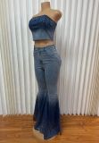 Women Beaded Denim Strapless Crop Backless Top and Bell Bottom trousers two-piece set