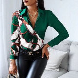 Women Long Sleeve V-neck Colorblock Vintage Shirt Top
