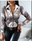 Women Long Sleeve V-neck Colorblock Vintage Shirt Top