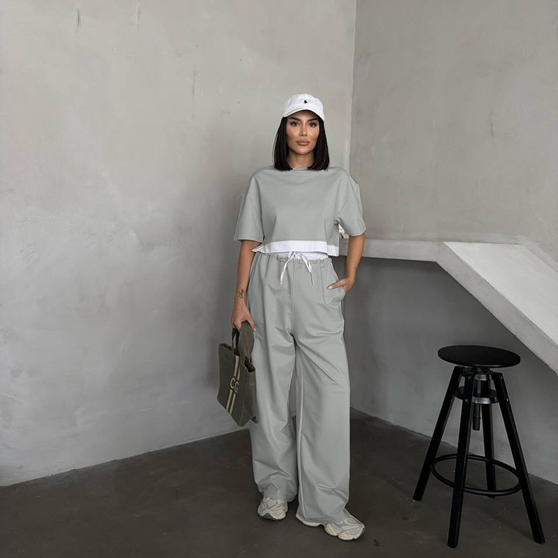 Women Summer Solid Round Neck Short Sleeve Top and Casual Wide Leg Pants Two-Piece Set