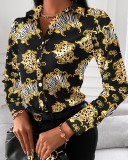 Women Long Sleeve V-neck Colorblock Vintage Shirt Top