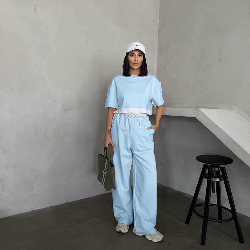 Women Summer Solid Round Neck Short Sleeve Top and Casual Wide Leg Pants Two-Piece Set