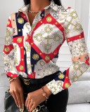 Women Long Sleeve V-neck Colorblock Vintage Shirt Top