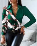 Women Long Sleeve V-neck Colorblock Vintage Shirt Top