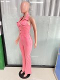 Women Denim Stretch Sexy Backless Turndown Collar Cargo Jumpsuit