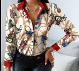 Women Long Sleeve V-neck Colorblock Vintage Shirt Top