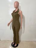 Women Denim Stretch Sexy Backless Turndown Collar Cargo Jumpsuit