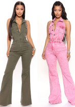 Women Denim Stretch Sexy Backless Turndown Collar Cargo Jumpsuit Women Denim Stretch Sexy Backless Turndown Collar Cargo Jumpsuit