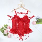 Women Lace-up See-Through Mesh pleated lace jumpsuit sexy lingerie