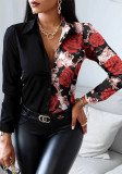 Women Long Sleeve V-neck Colorblock Vintage Shirt Top